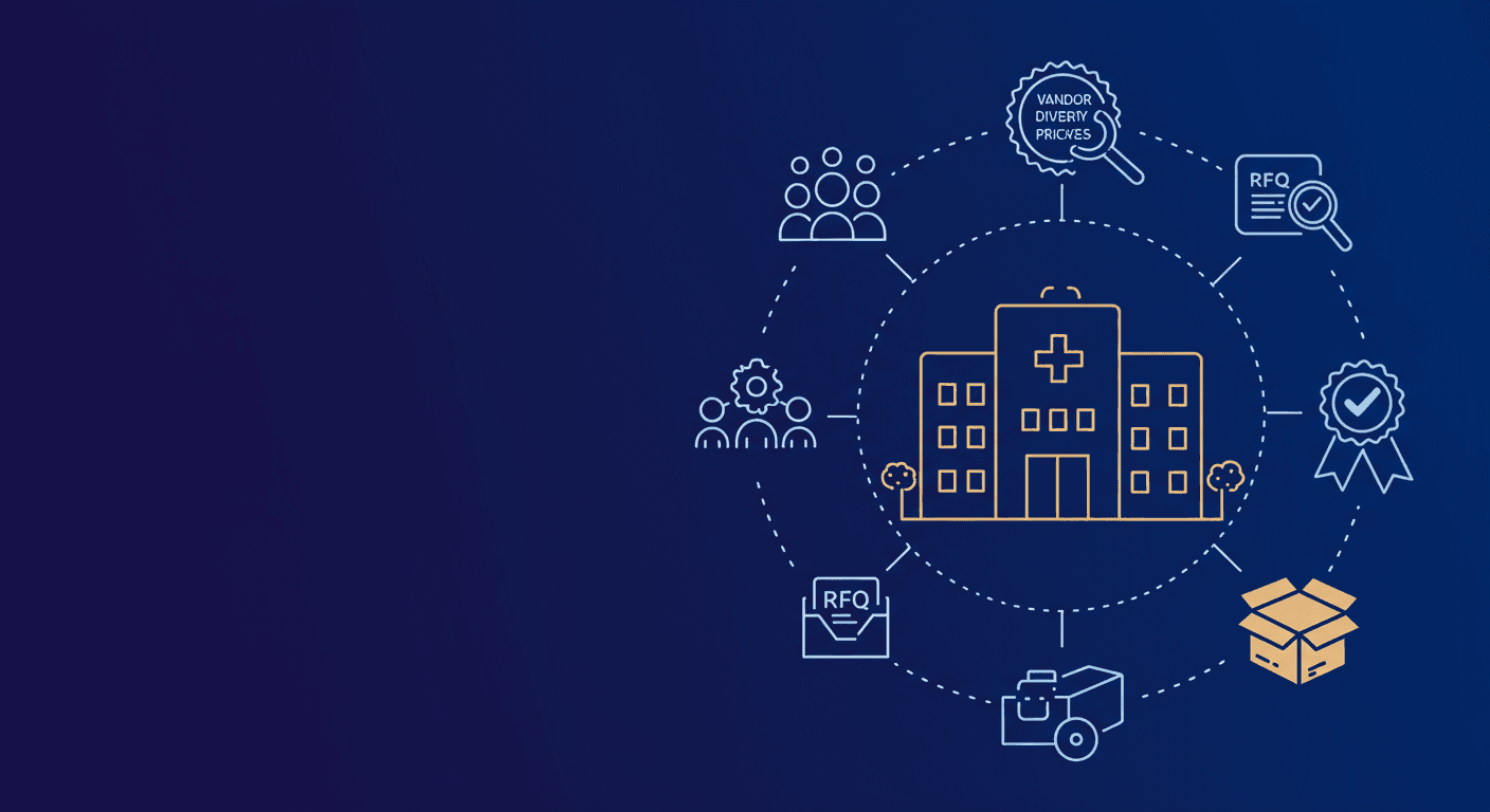A hospital surrounded by procurement icons: vendor diversity, transparent pricing, RFQs, certified suppliers, delivery.