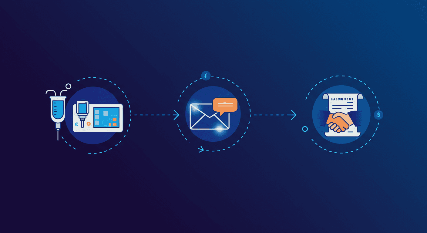 Three-step procurement flow: browse the catalog, send a single RFQ, accept a vendor quote.