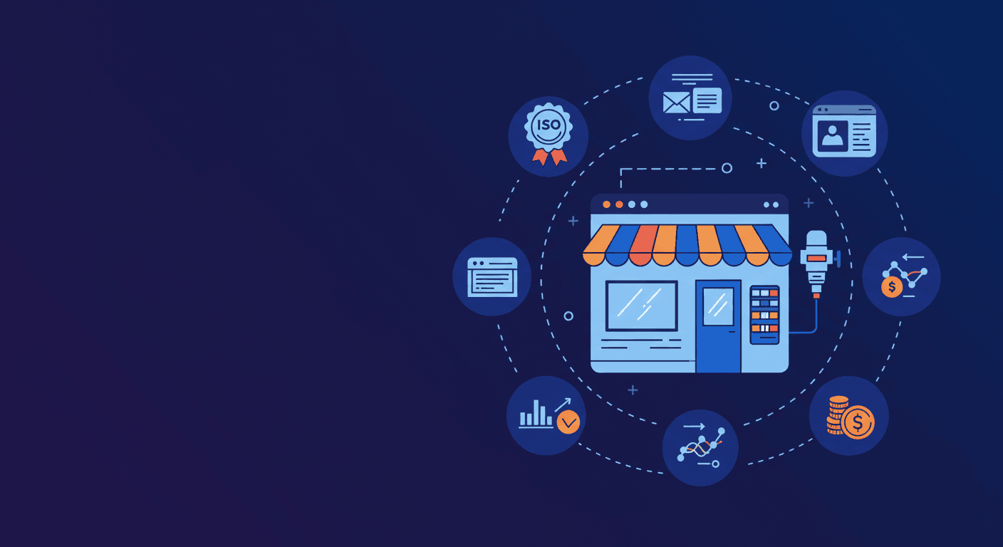 A vendor storefront surrounded by listing icons: certifications, RFQ inbox, product listings, analytics, payments.