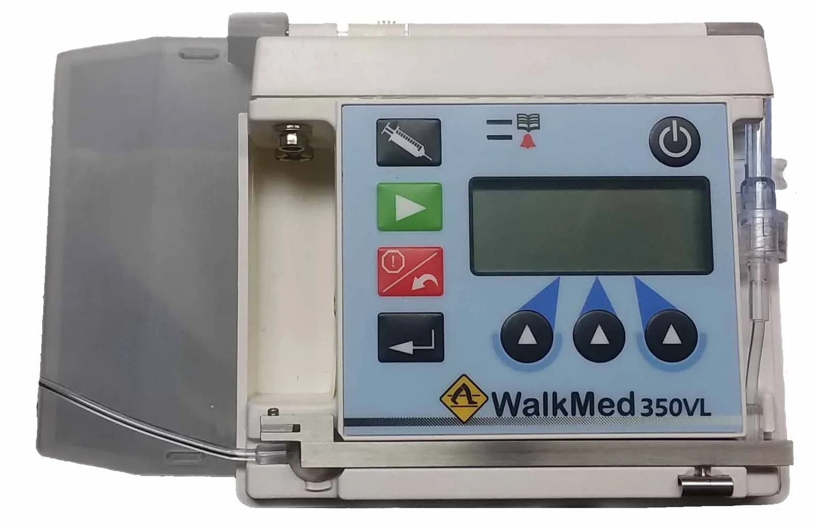 Medical infusion pump device with a digital display and control buttons labeled with icons like power, syringe, play, and pause. The device has a small compartment on the left and is labeled WalkMed 350VL at the bottom.