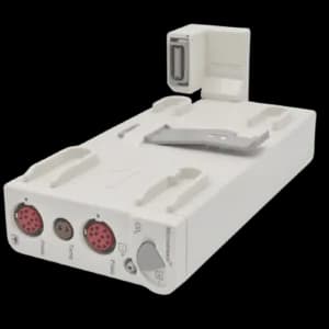 A white electronic device with multiple ports, including two red circular ports and a small round port. It has a rectangular area on its top side and a clip-like attachment. The device appears to be made for connectivity or data transfer.