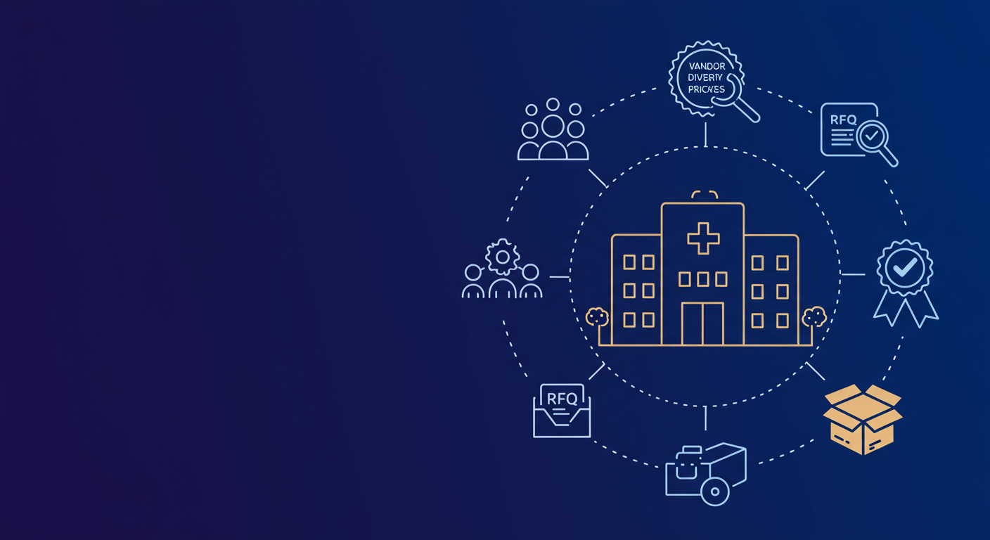 A hospital surrounded by procurement icons: vendor diversity, transparent pricing, RFQs, vendor credentials, and delivery.